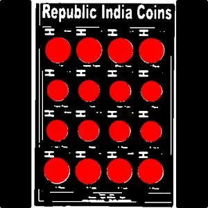 Binarised coin board with sixteen detected coins filled in red by the segmentation pass.