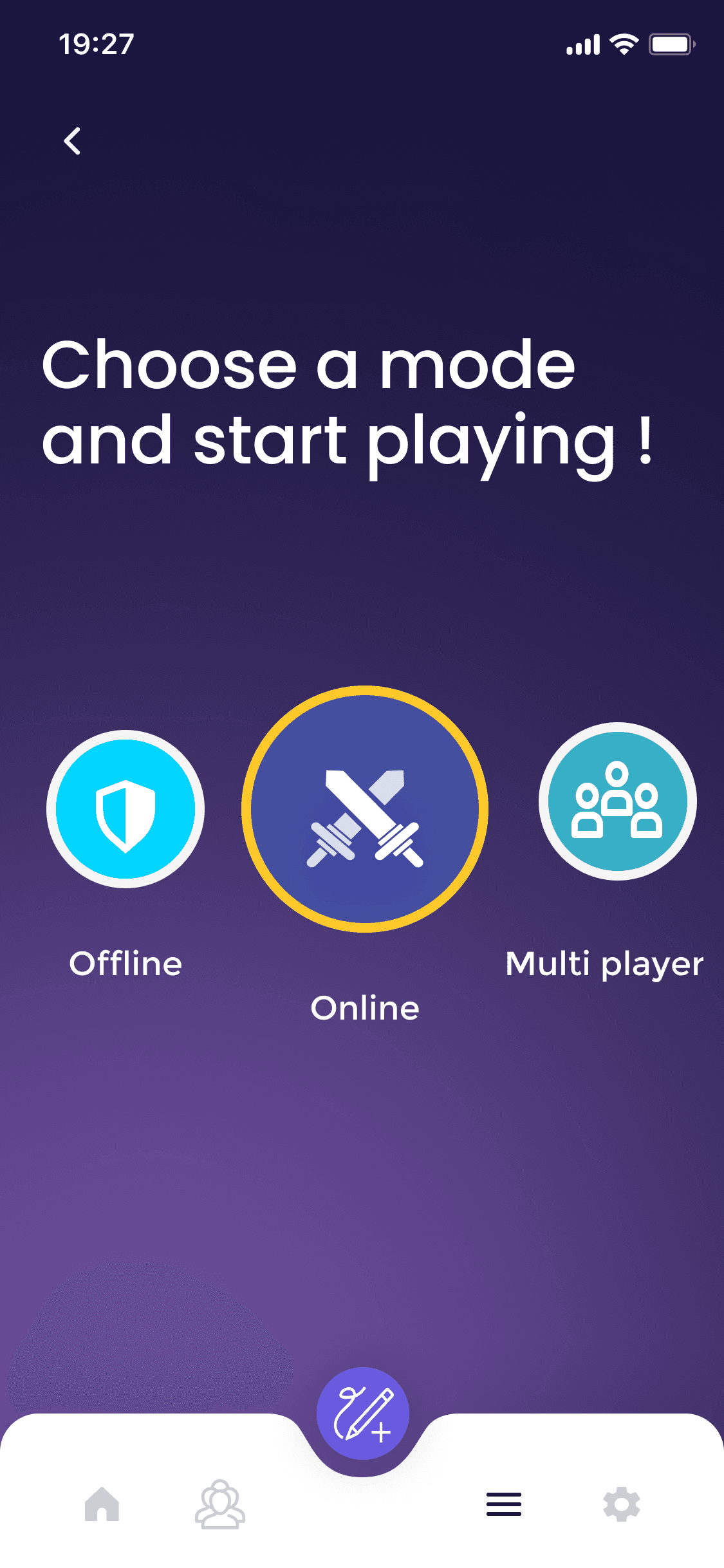 Drawzy mobile mode selection screen with offline, online, and multiplayer options.