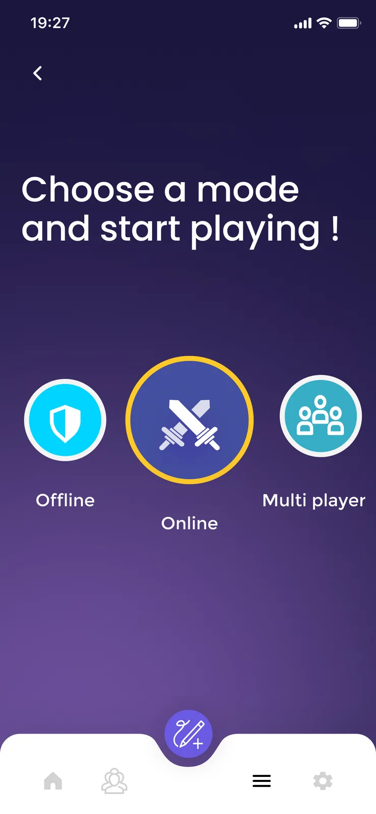 Drawzy mobile mode selection screen with offline, online, and multiplayer options.