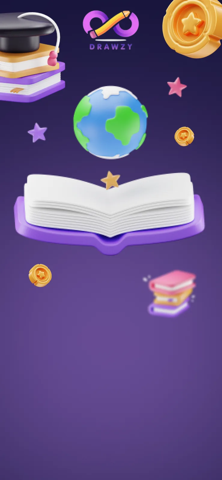 Drawzy onboarding screen with the app logo, illustrated books, and character artwork.