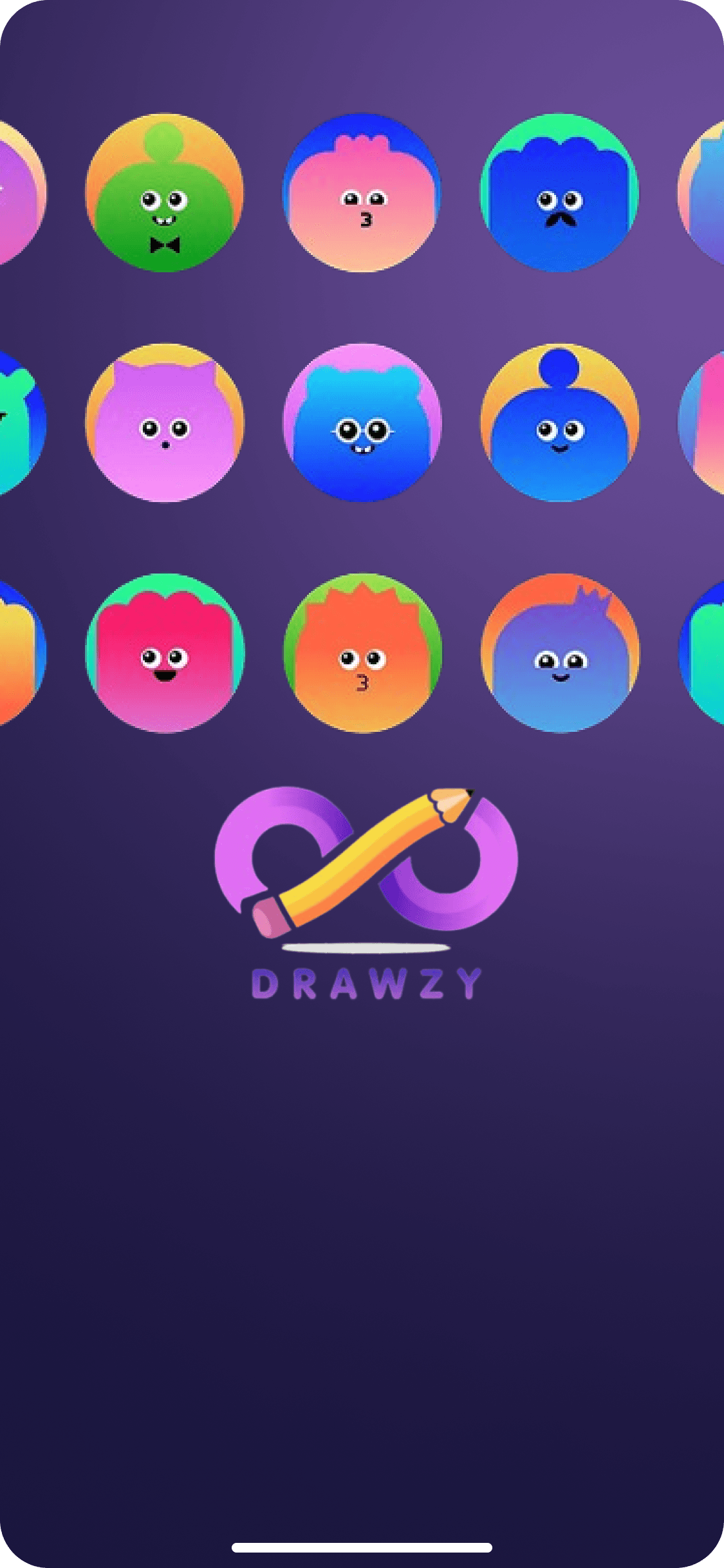 Drawzy mobile splash screen with the app logo and illustrated character tiles.