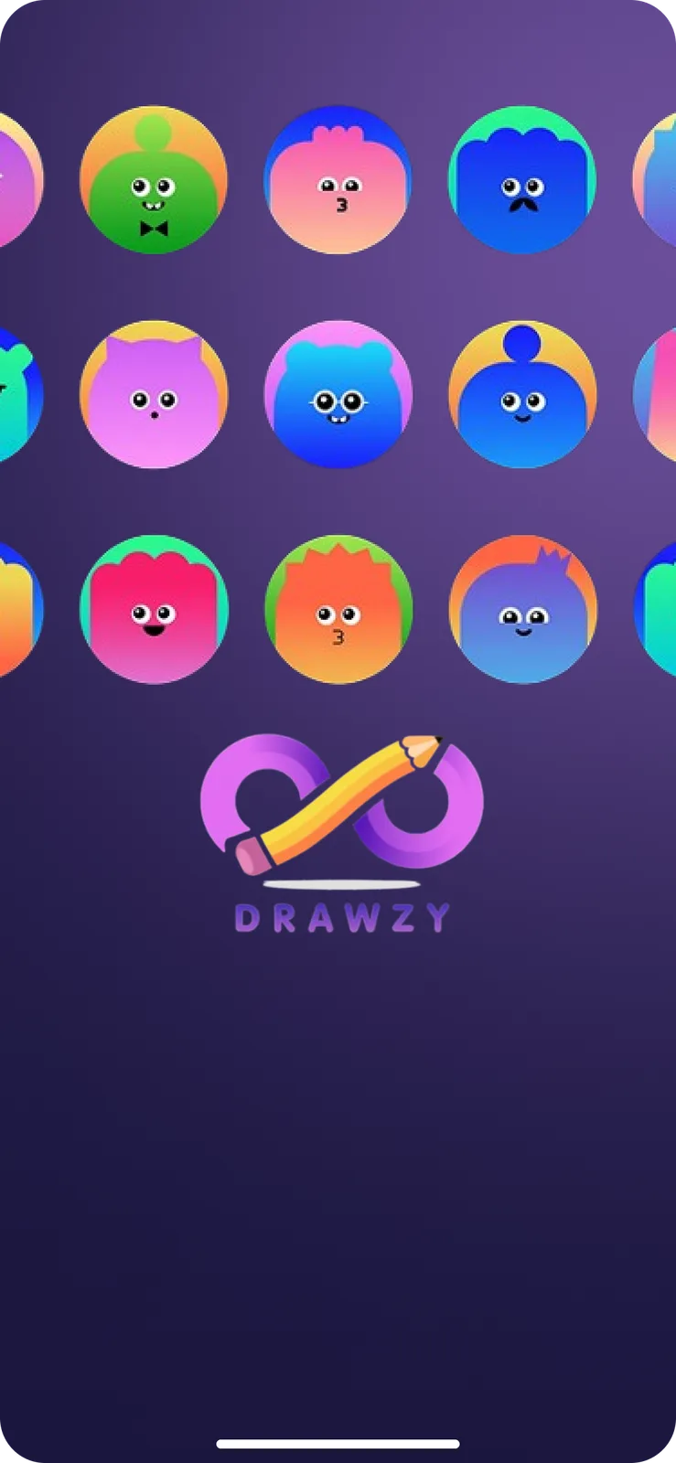 Drawzy mobile splash screen with the app logo and illustrated character tiles.