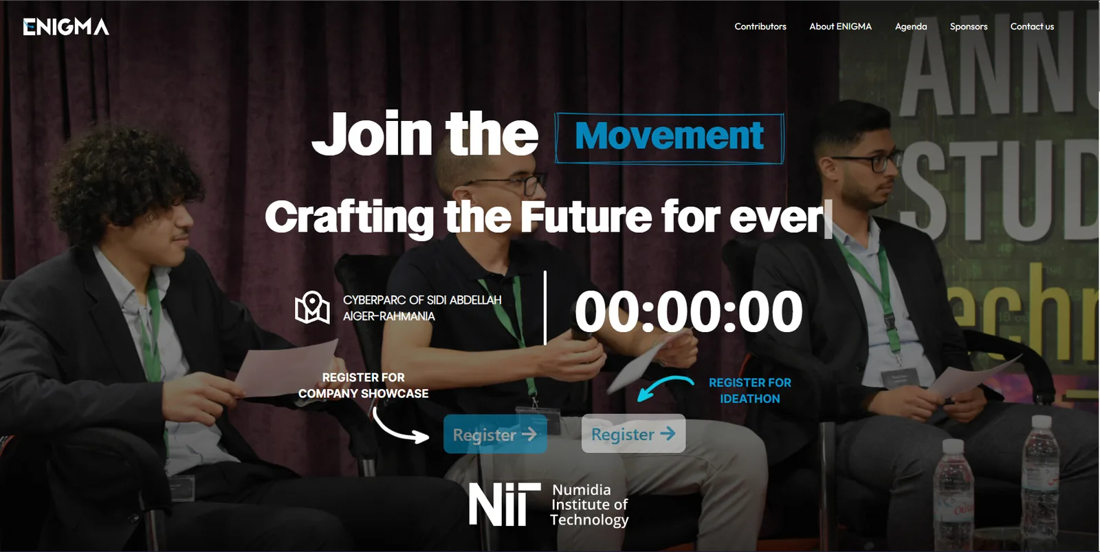 Enigma landing page for the company showcase and ideathon at Cyberparc Sidi Abdellah.
