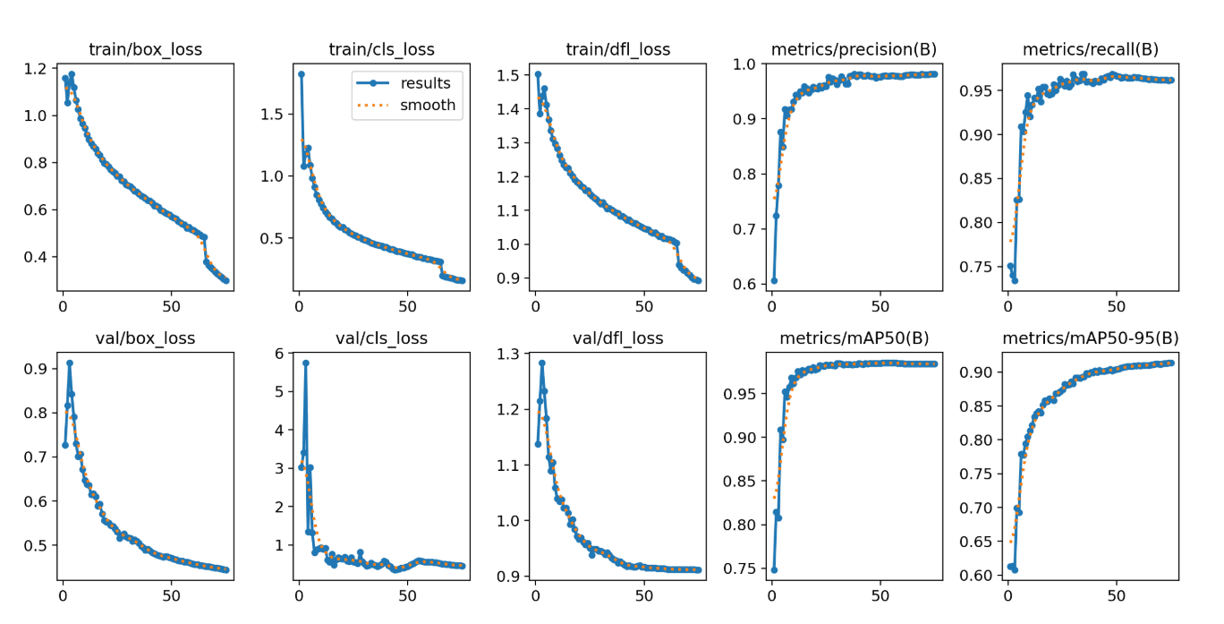Firmatech fish detection model training graphs with loss, precision, recall, and mAP curves.