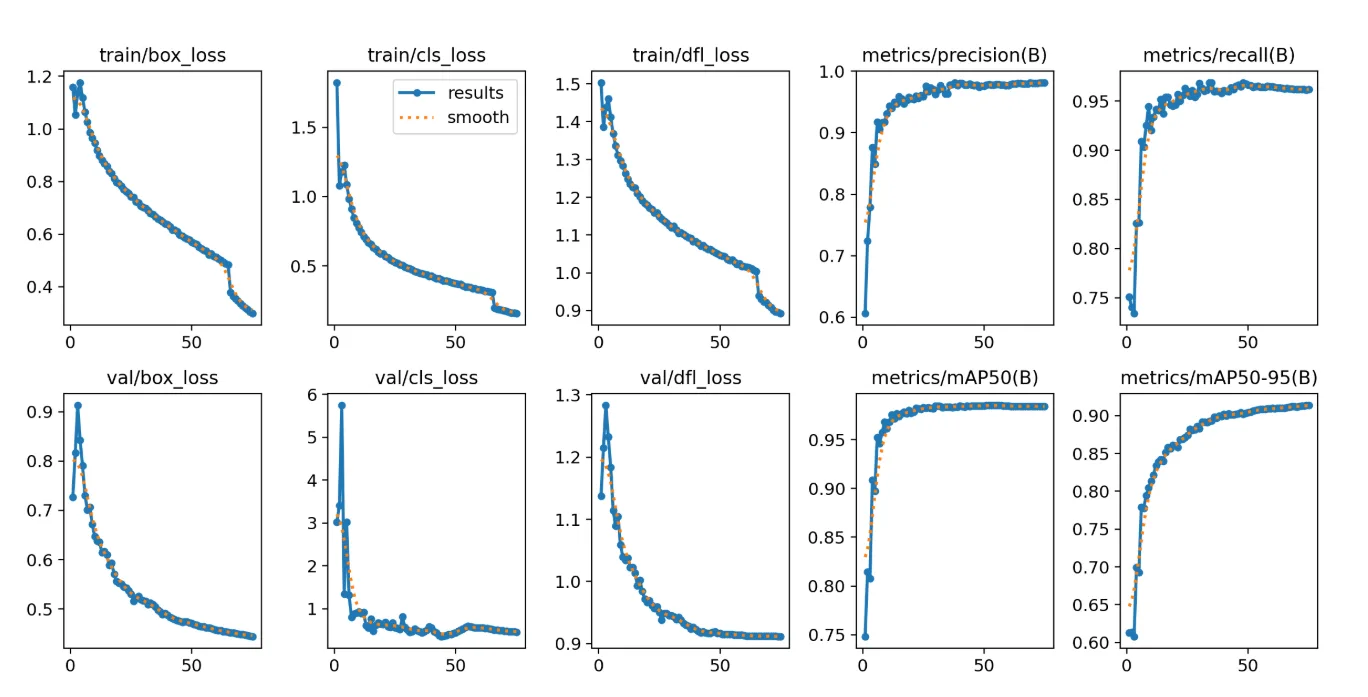 Firmatech fish detection model training graphs with loss, precision, recall, and mAP curves.