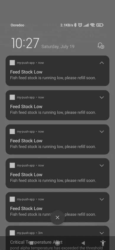 Firmatech feed stock low push notifications on an Android lock screen.