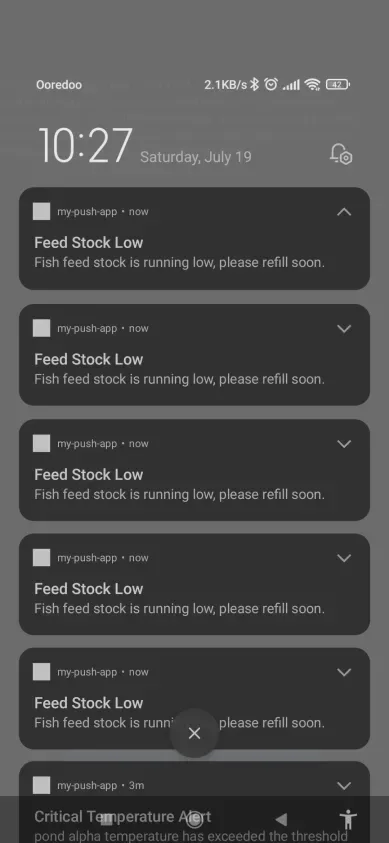 Firmatech feed stock low push notifications on an Android lock screen.