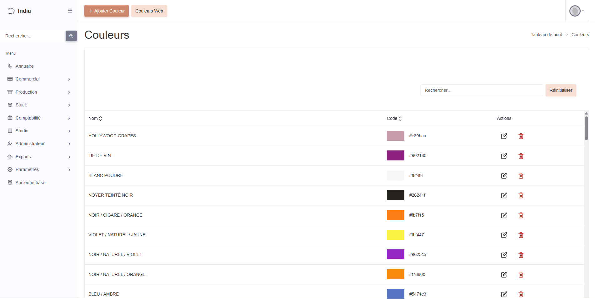 India Mahdavi private backoffice colors page with search, color codes, and edit/delete actions.