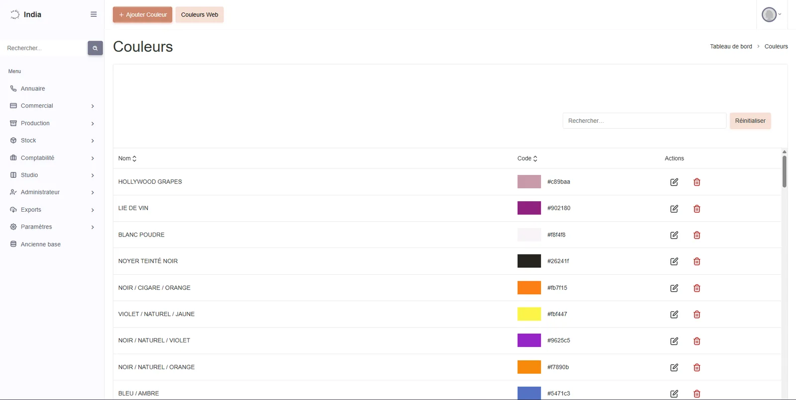 India Mahdavi private backoffice colors page with search, color codes, and edit/delete actions.