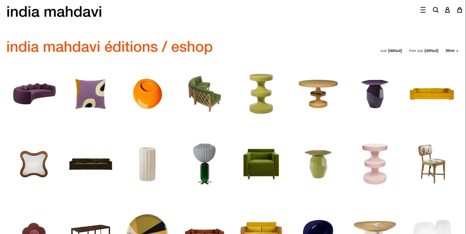 India Mahdavi editions and eshop catalog page with product grid, sorting, view, and filter controls.