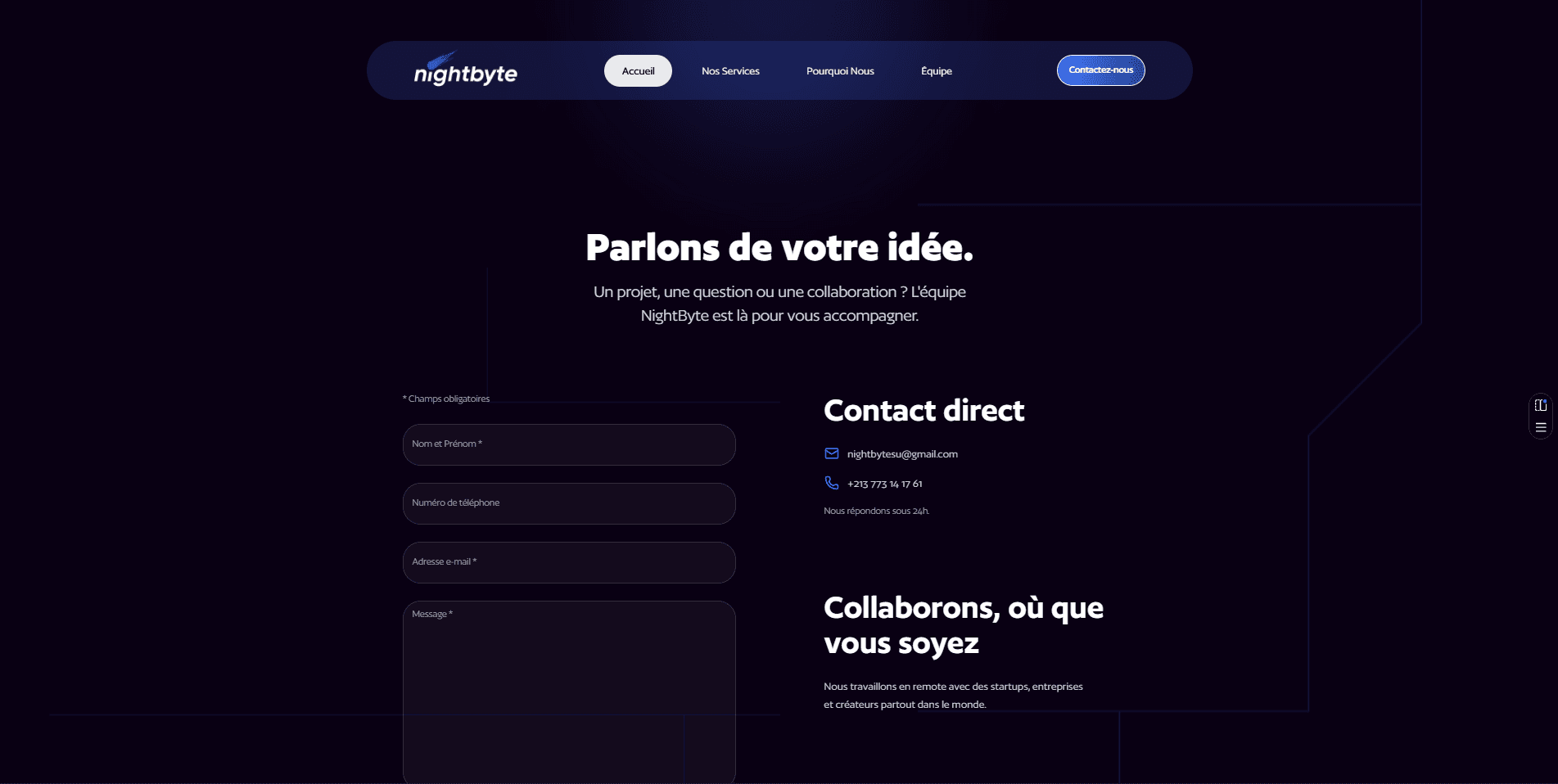 Nightbyte contact section with a project form and direct contact information.