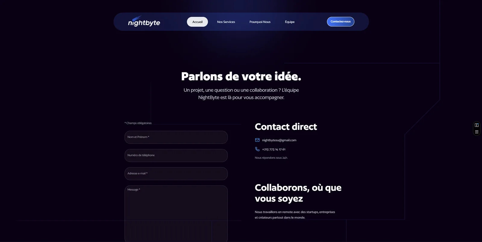 Nightbyte contact section with a project form and direct contact information.