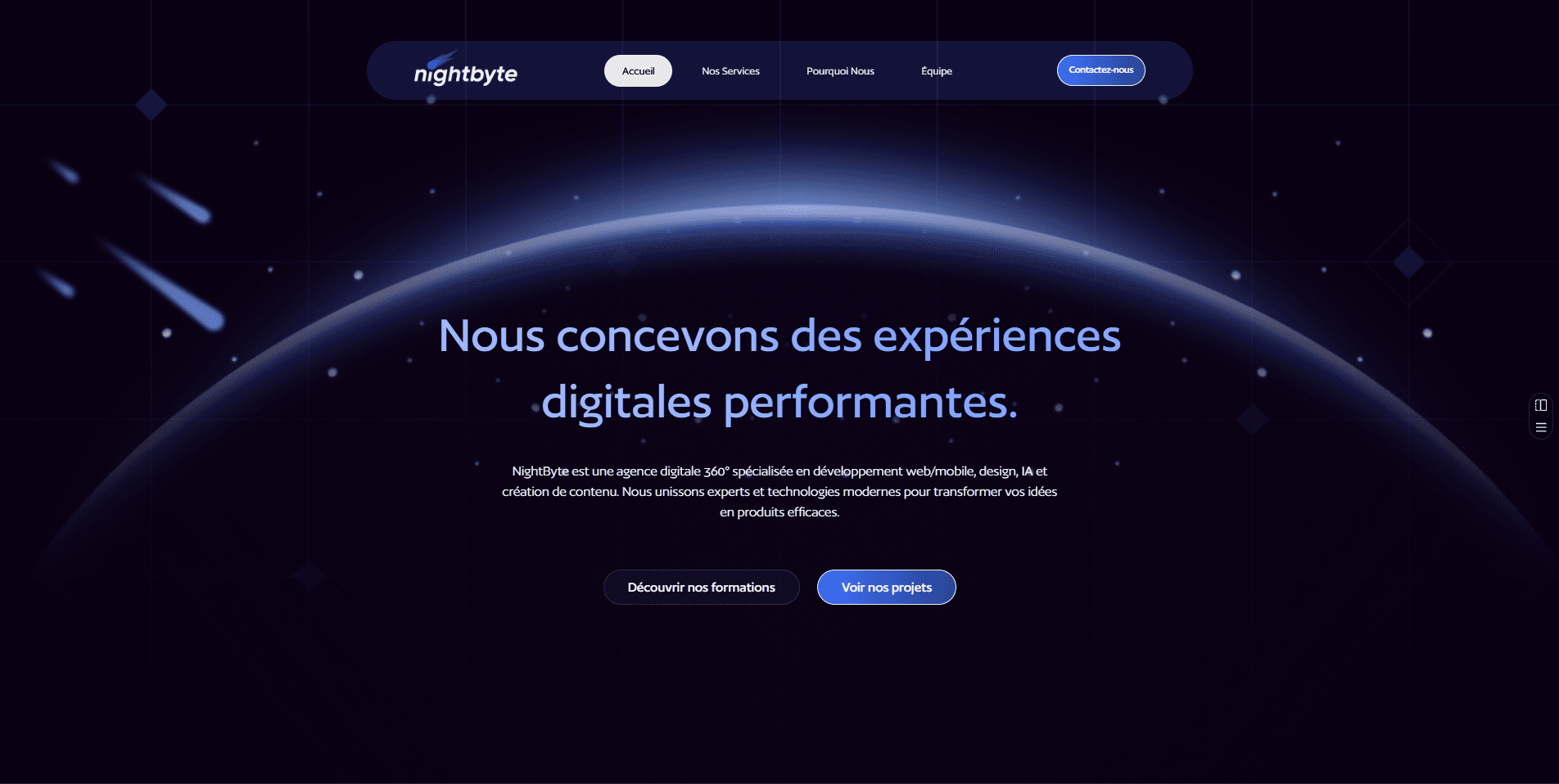 Nightbyte homepage hero with navigation, space-themed background, and French agency positioning.