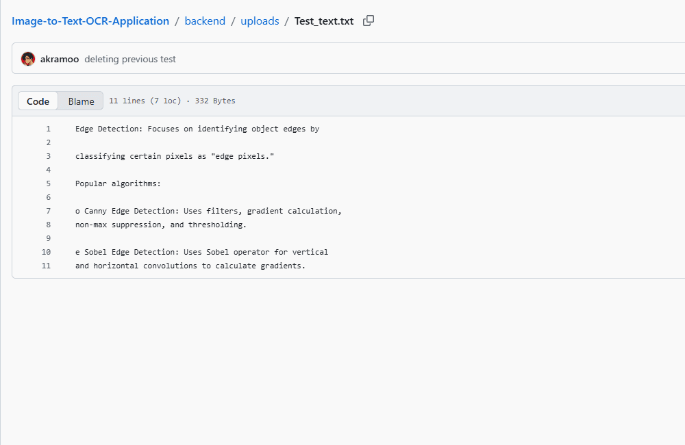 GitHub view of Test_text.txt showing OCR-extracted Edge Detection text saved by the backend.