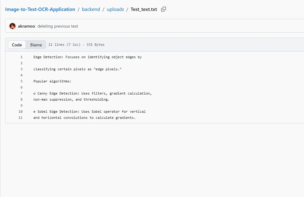 GitHub view of Test_text.txt showing OCR-extracted Edge Detection text saved by the backend.