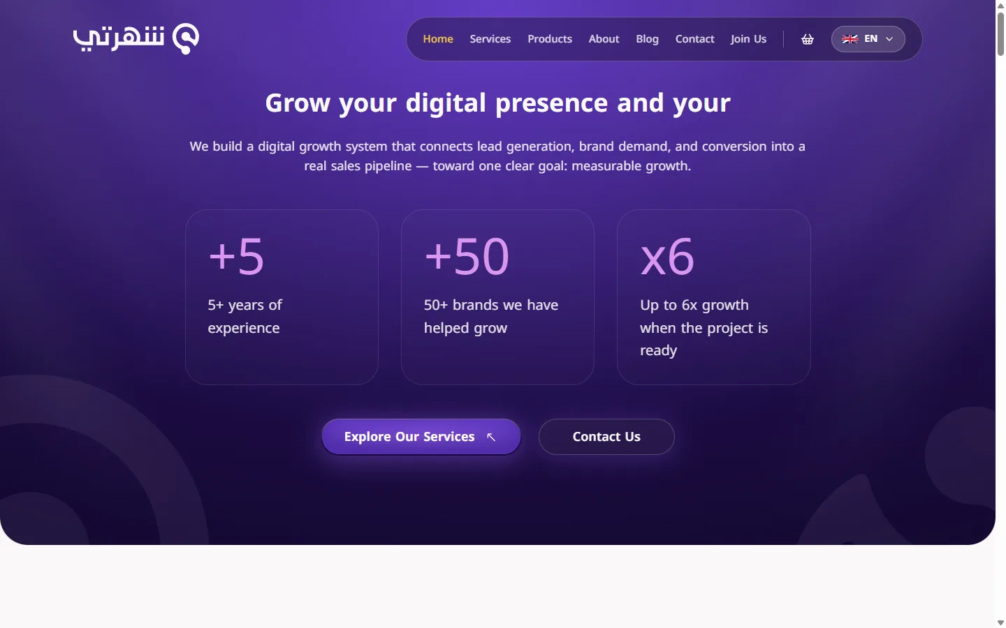 The same Shohraty homepage in English: navigation, headline, and statistic cards all mirrored to left-to-right order.