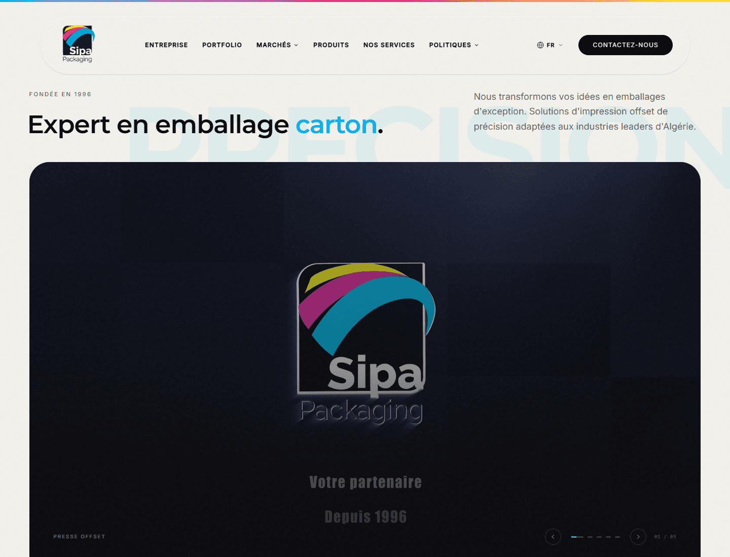 SIPA Packaging French homepage preview with localized navigation and translated hero copy.