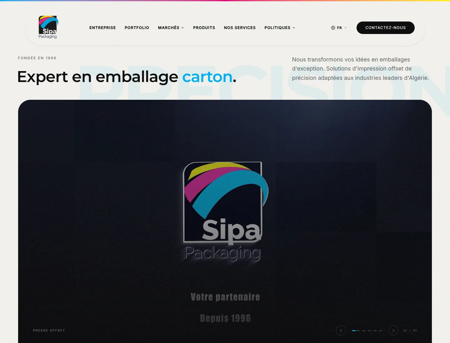 SIPA Packaging French homepage preview with localized navigation and translated hero copy.