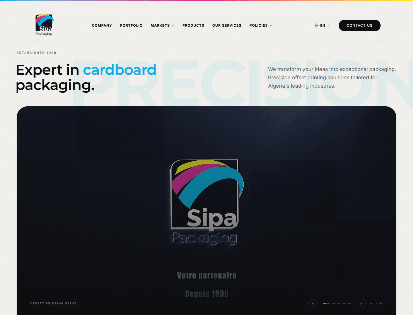 SIPA Packaging desktop homepage preview with bilingual navigation, hero copy, and production media.