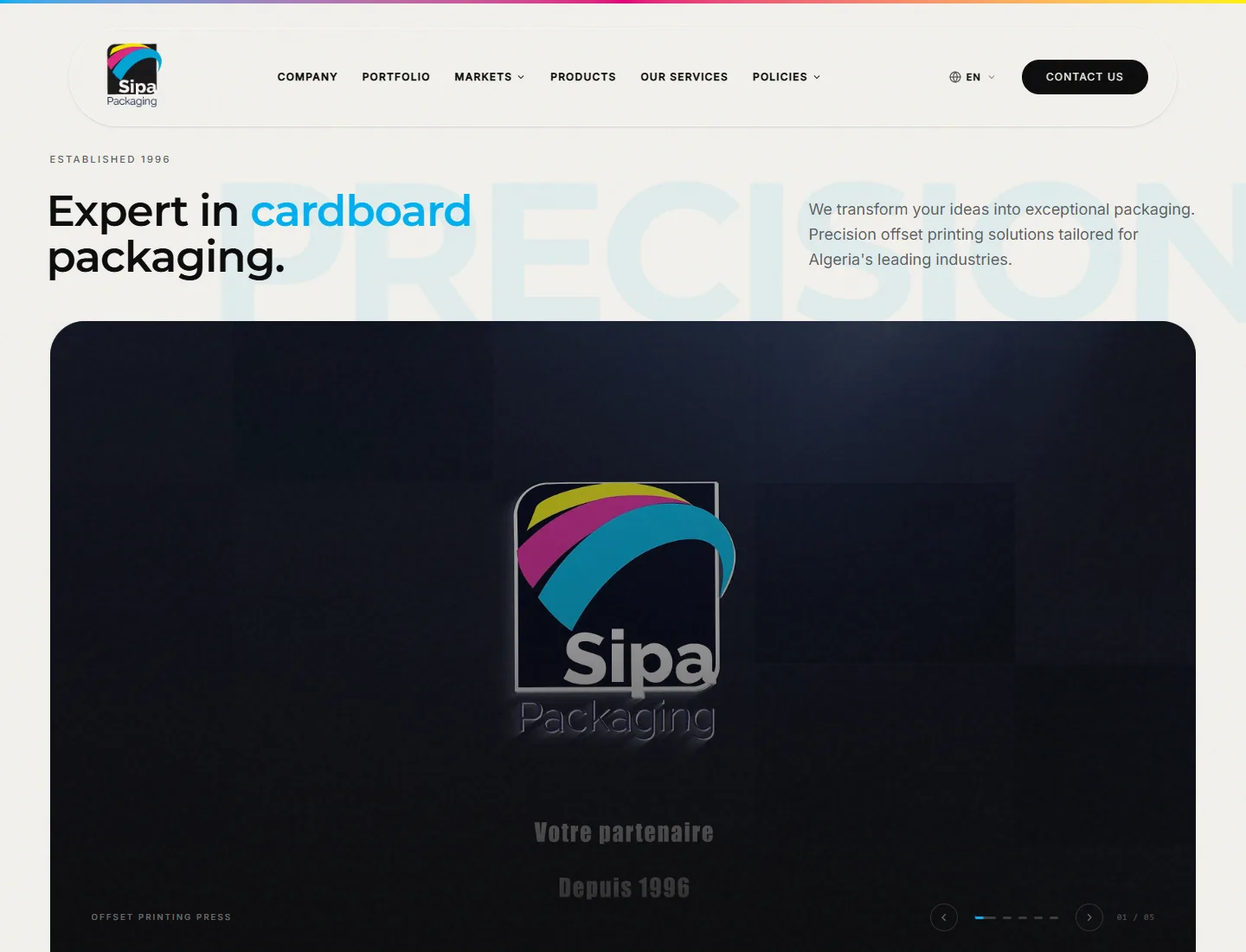 SIPA Packaging desktop homepage preview with bilingual navigation, hero copy, and production media.