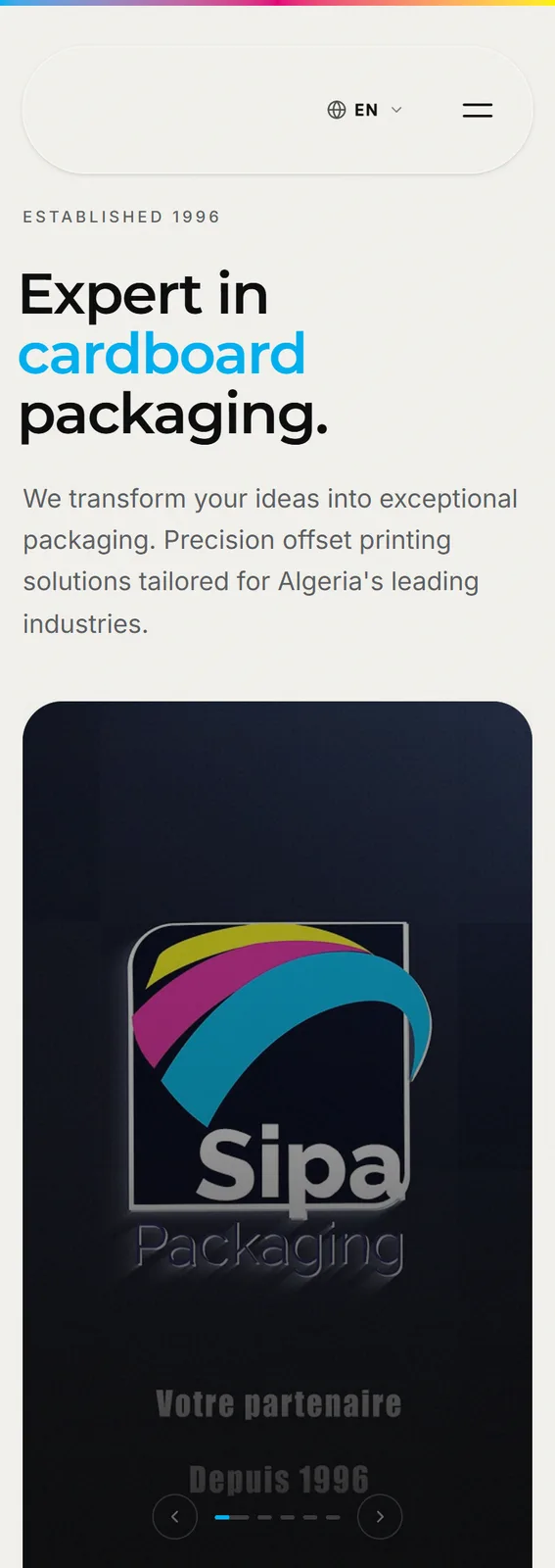 SIPA Packaging mobile homepage preview with language switcher, menu button, and responsive hero layout.
