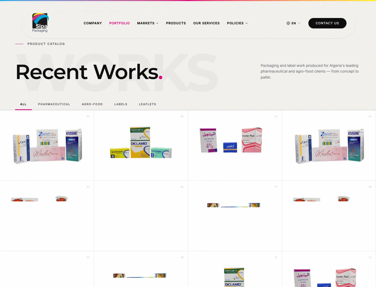 SIPA Packaging portfolio page showing a filterable catalog of pharmaceutical and agro-food packaging work.