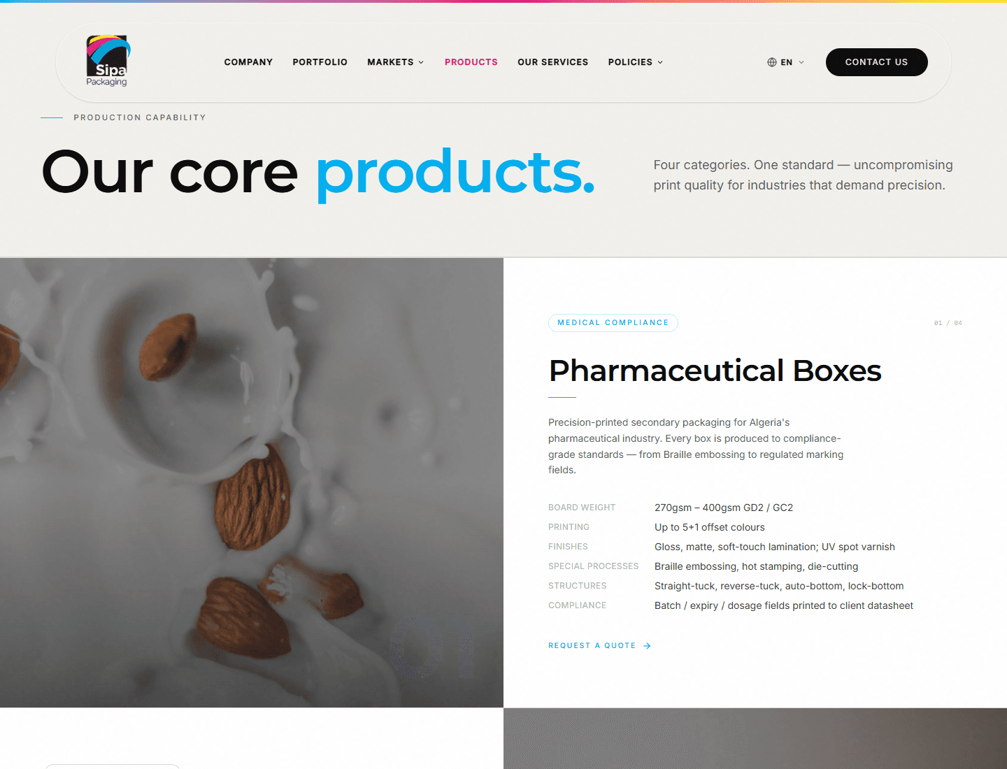 SIPA Packaging products page showing pharmaceutical box product details and specifications.