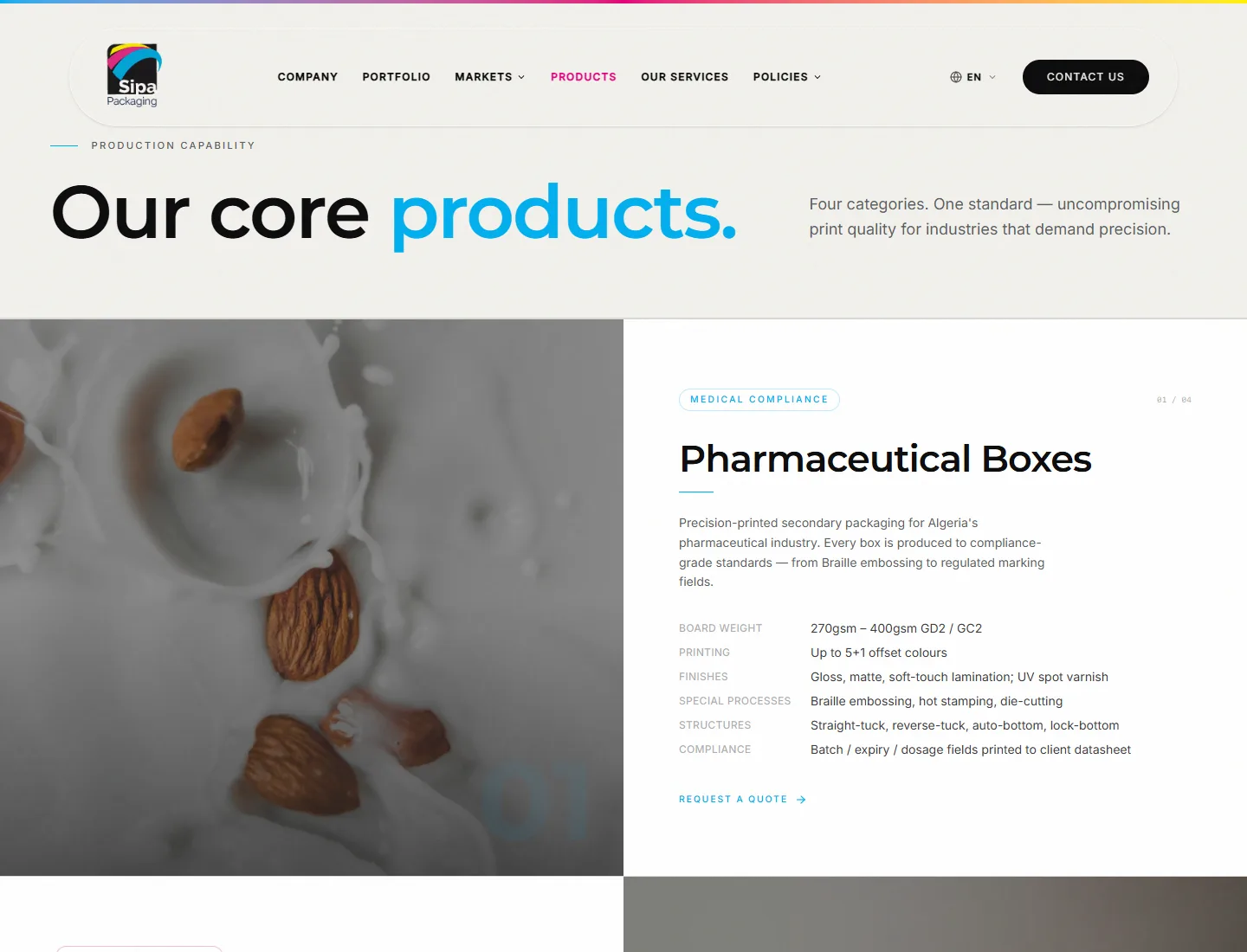 SIPA Packaging products page showing pharmaceutical box product details and specifications.