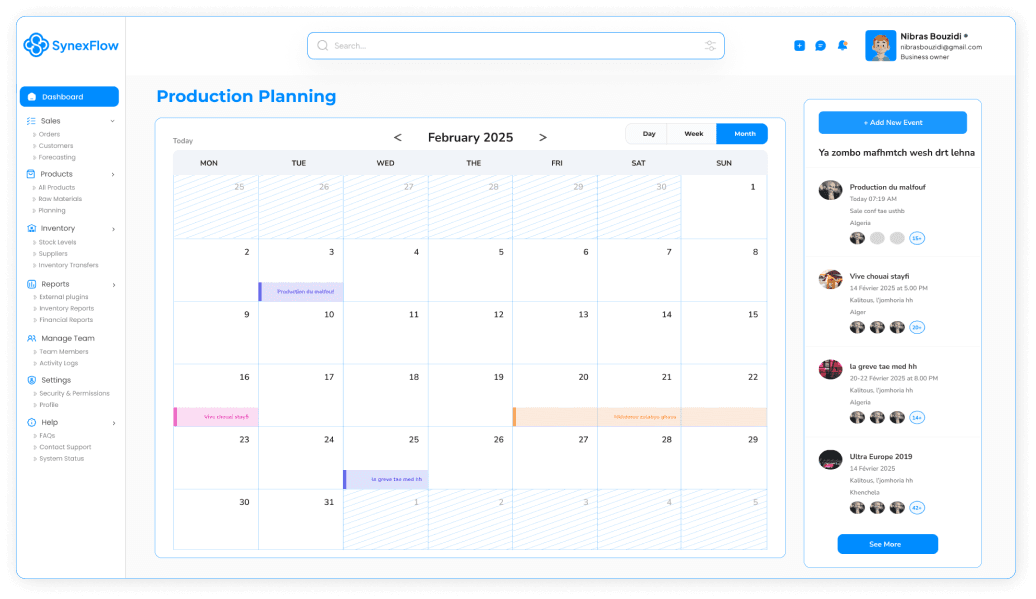 SynexFlow production planning dashboard with a monthly calendar and event list.