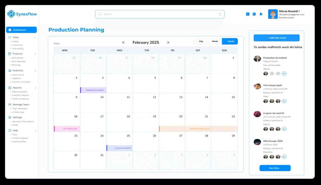SynexFlow production planning dashboard with a monthly calendar and event list.