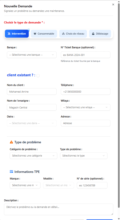 TPMS new request modal showing intervention, consumable, network choice, and deblocking tabs.