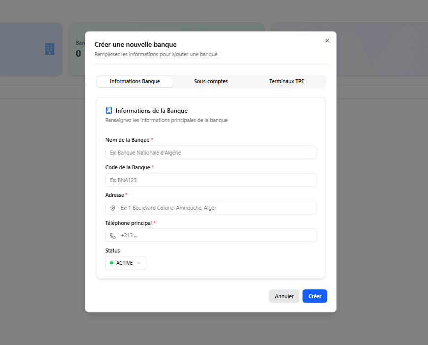 TPMS create bank modal with bank information, sub-account, and TPE tabs.