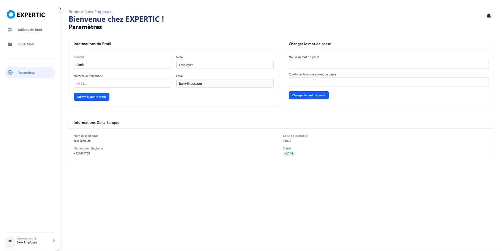 TPMS bank employee settings page with profile and bank information.