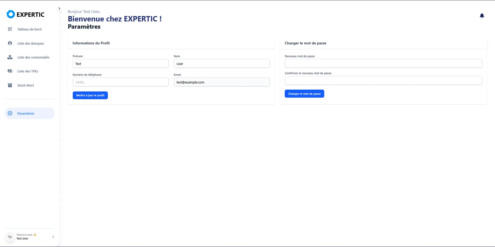 TPMS account manager profile and password settings page.
