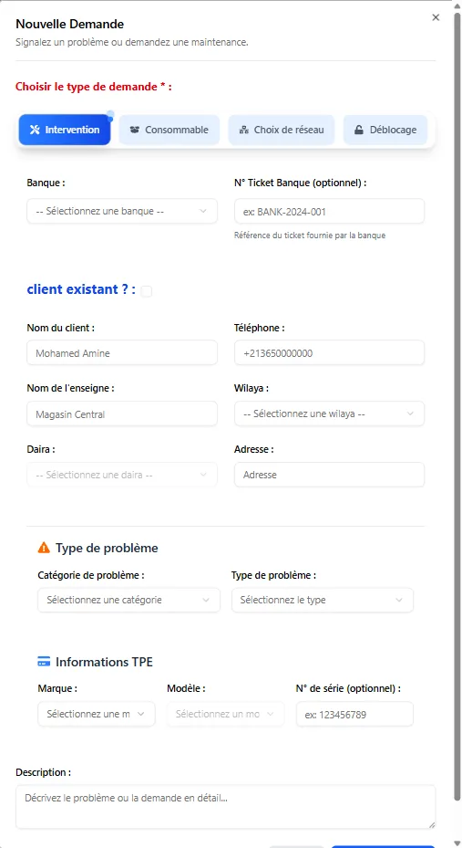TPMS new request modal showing intervention, consumable, network choice, and deblocking tabs.