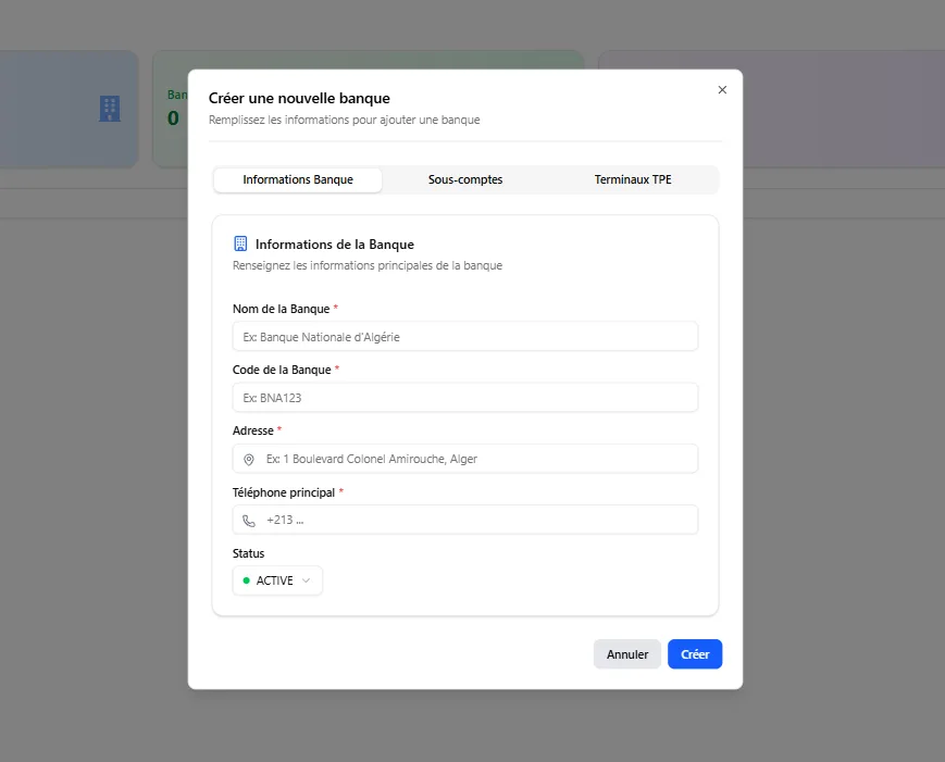 TPMS create bank modal with bank information, sub-account, and TPE tabs.
