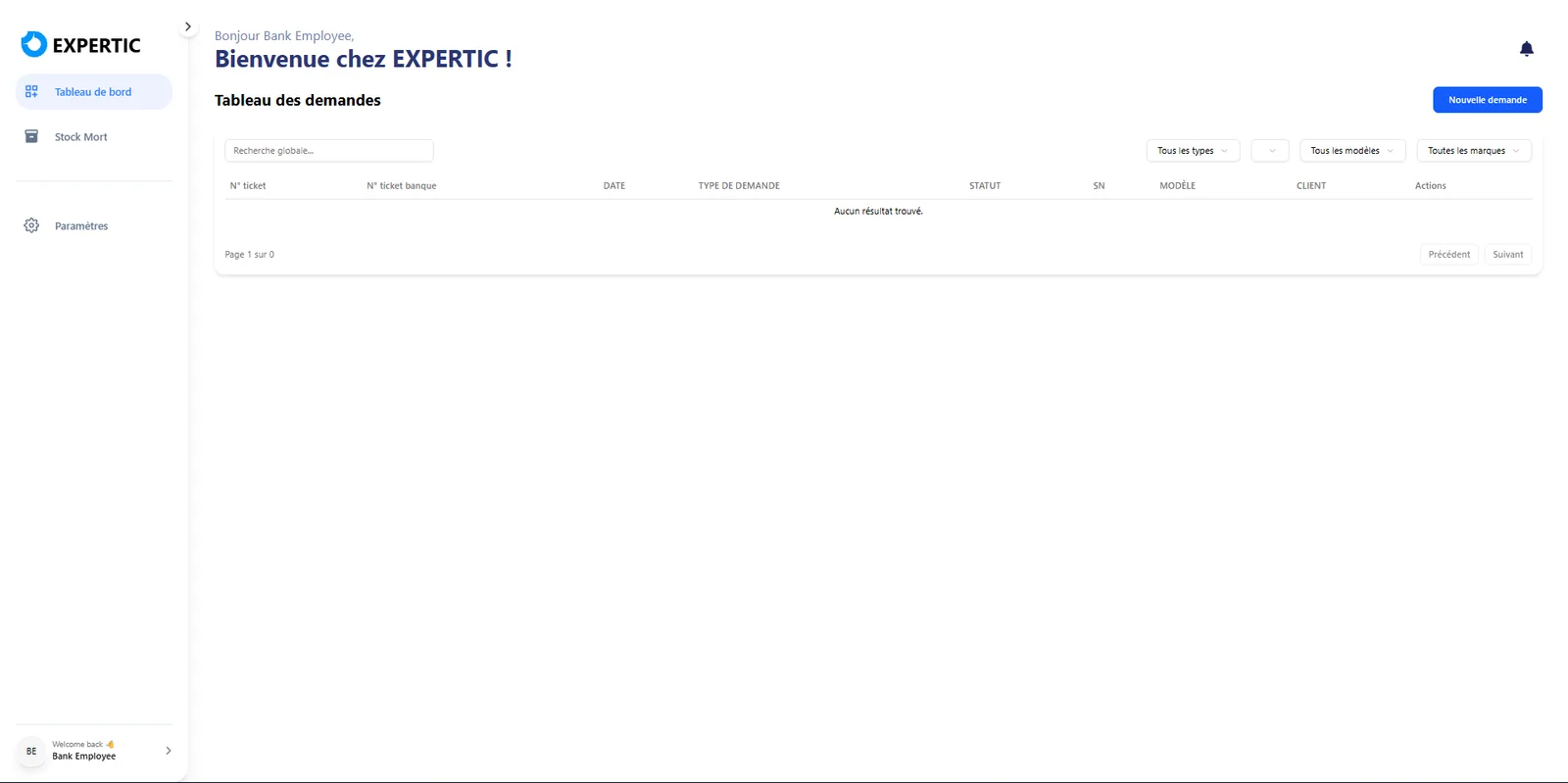 TPMS bank employee ticket dashboard scoped to bank employee actions.