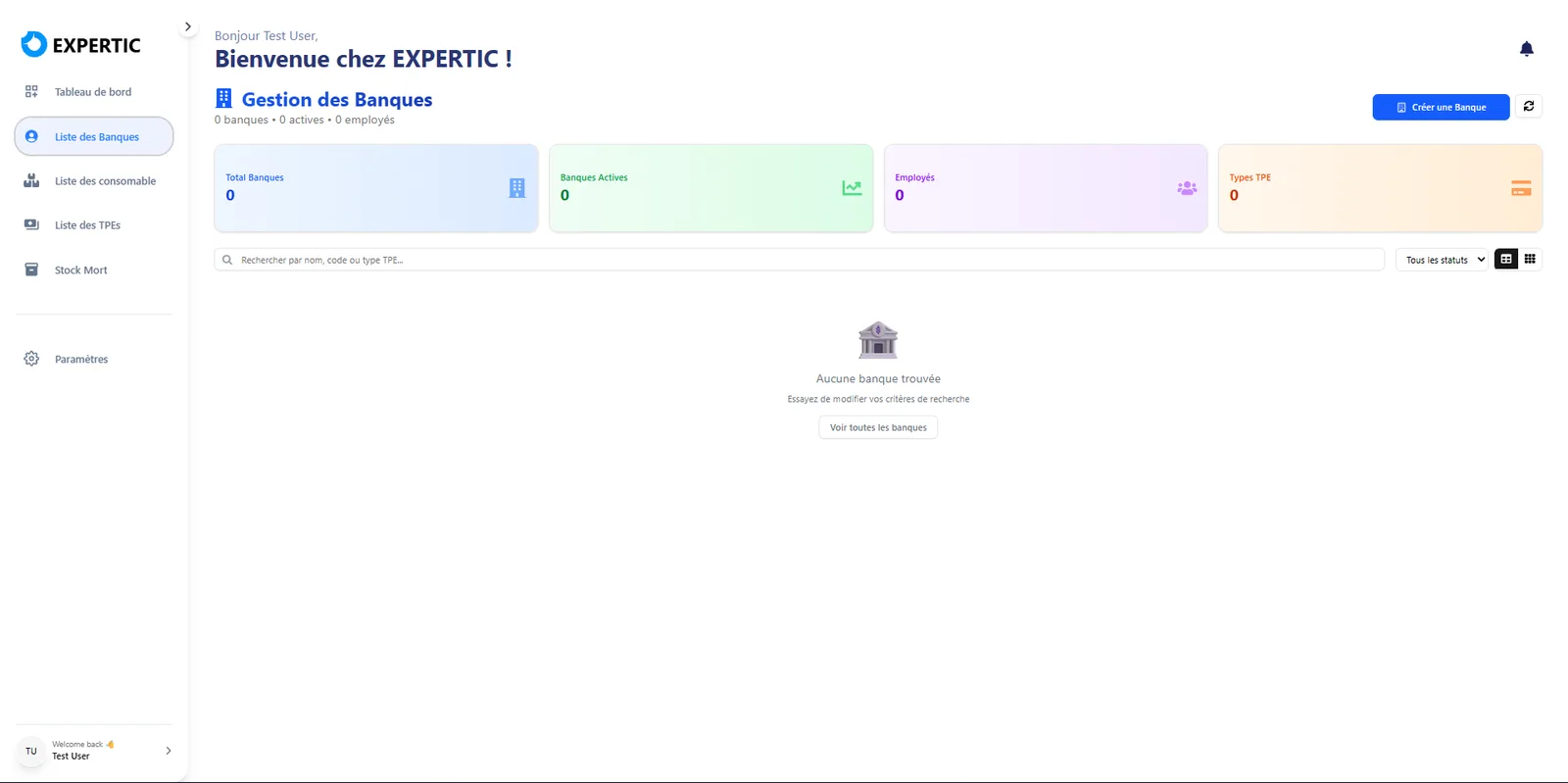 TPMS bank management dashboard with KPI cards and create bank action.