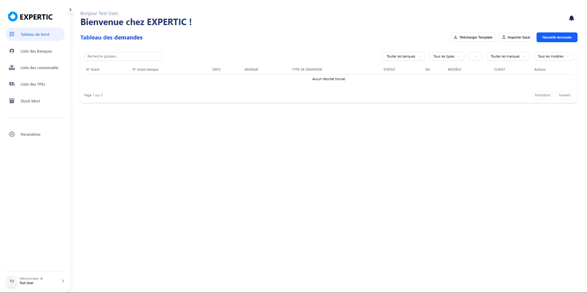 TPMS account manager ticket dashboard with filters and Excel actions.