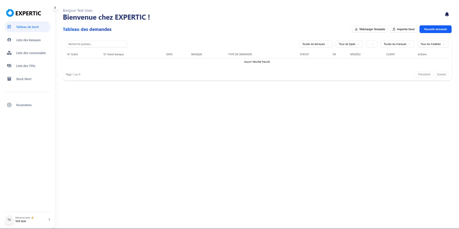 TPMS account manager ticket dashboard with filters and Excel actions.