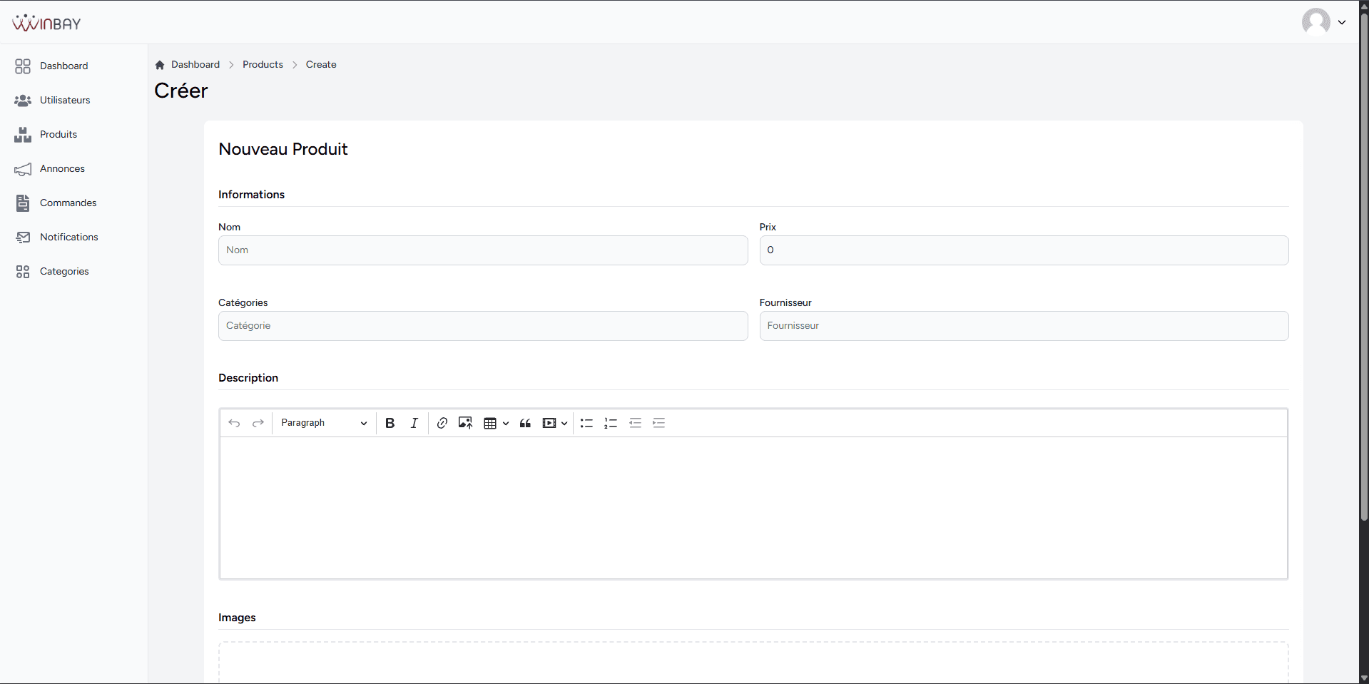 Winbay admin product creation page with product information, category, supplier, rich text description, and image upload sections.