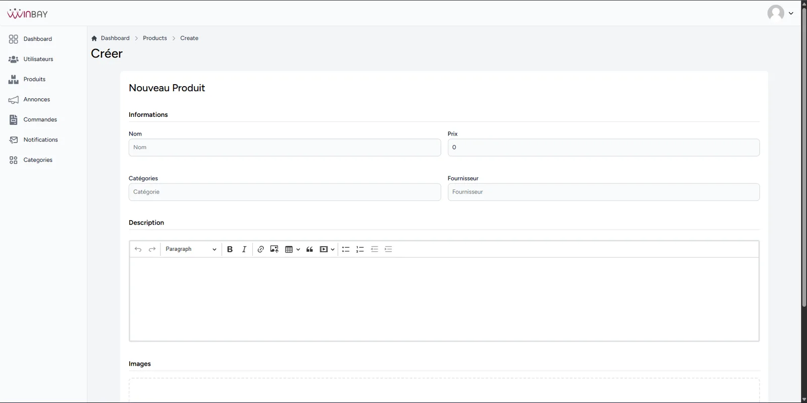 Winbay admin product creation page with product information, category, supplier, rich text description, and image upload sections.