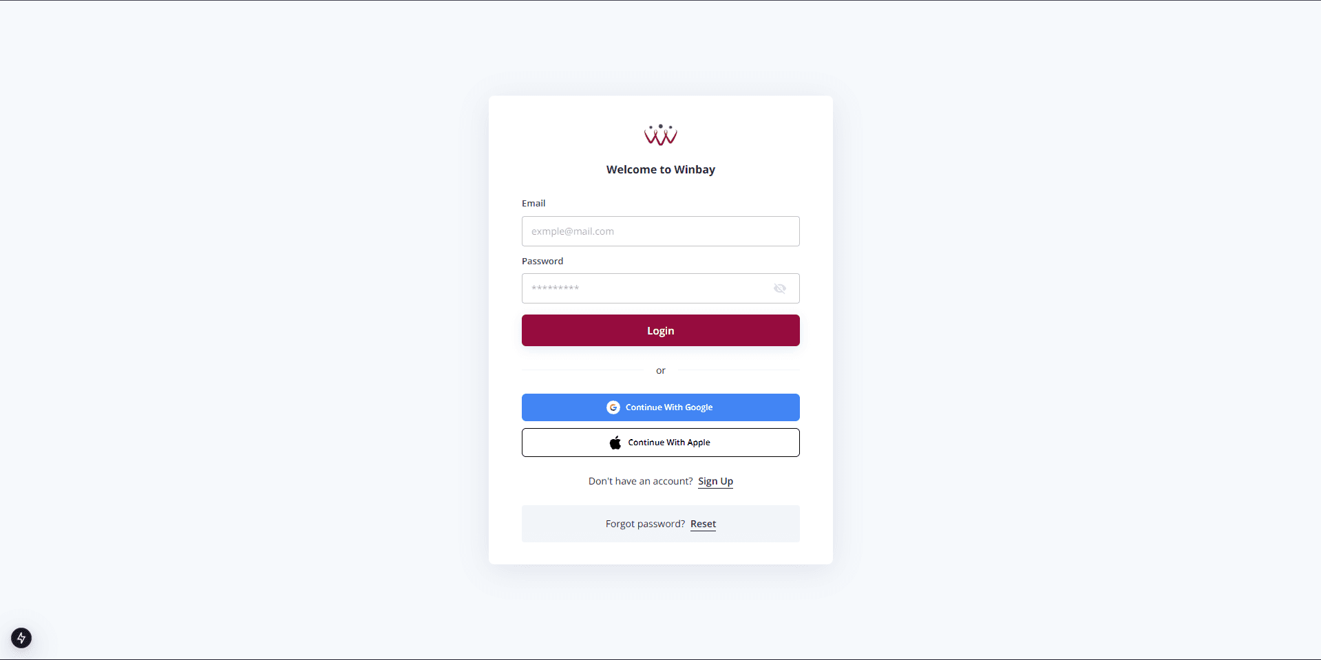 Winbay authentication page with email/password login and Google and Apple social login actions.