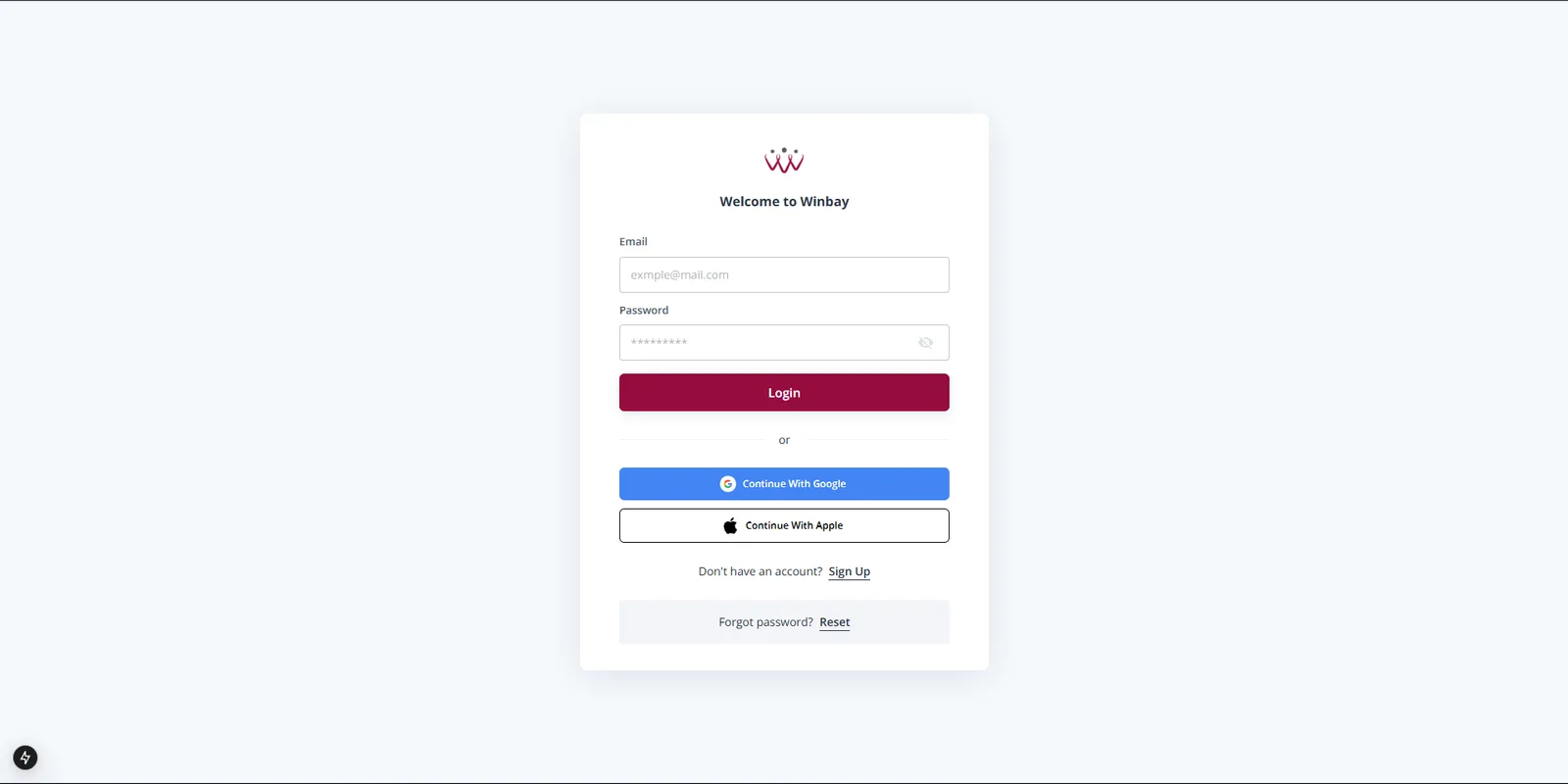Winbay authentication page with email/password login and Google and Apple social login actions.