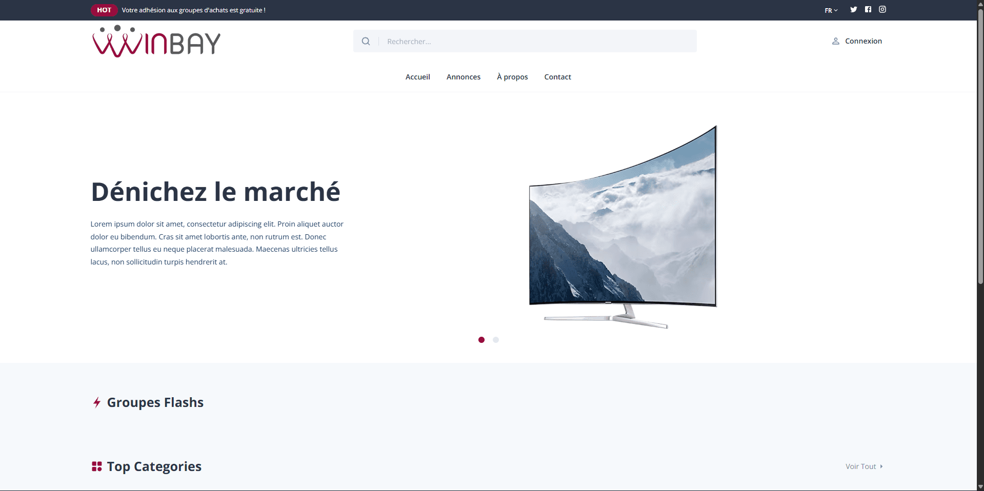 Winbay public marketplace homepage with French navigation, search, hero banner, and group-buy sections.