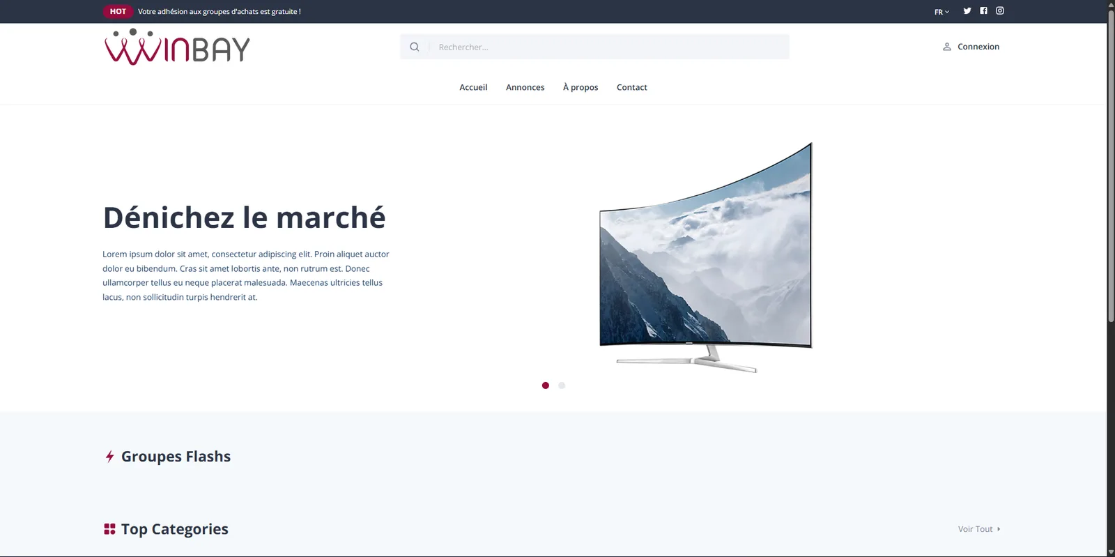 Winbay public marketplace homepage with French navigation, search, hero banner, and group-buy sections.